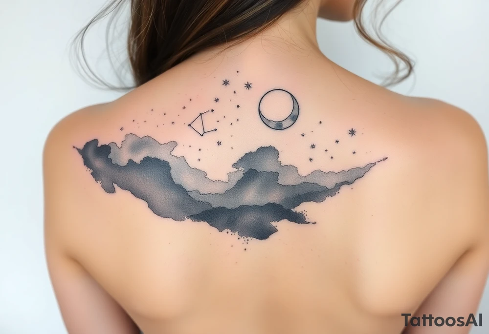 Night sky with constellation, stars & moon with silhouette of natural tattoo idea