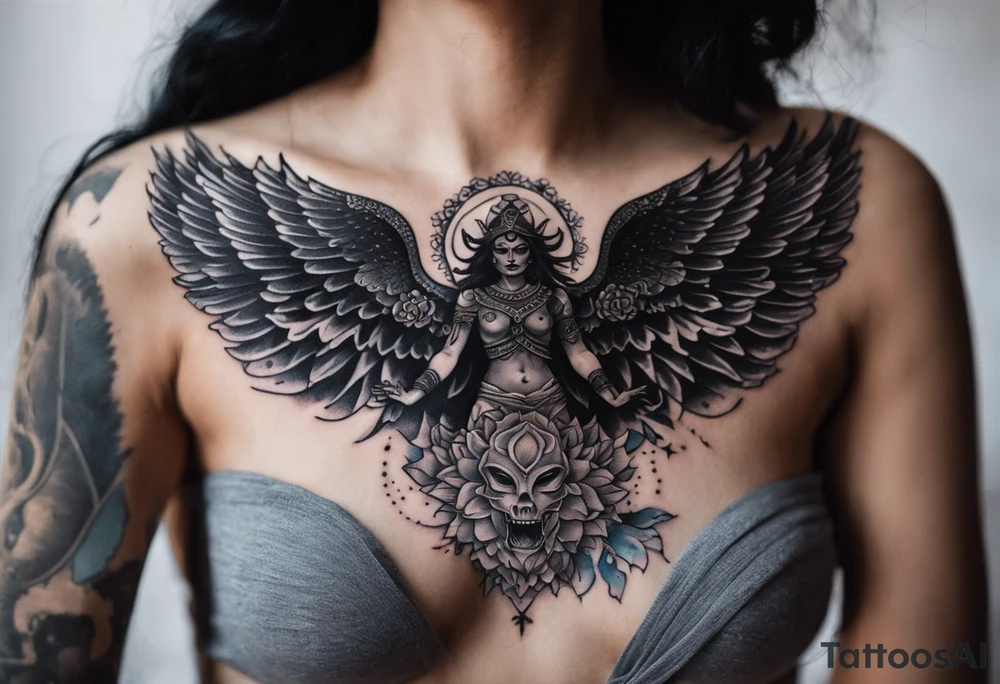 black kali, goddess pirate, alien, angel, pachamama, valkrye, warrior, flying, skull, lotus azul, wing, eagle, zenza resonance, stars, 5D, anahata chakra, death, durga, riding on a tiger, flying lady, kundalini, chest tatoo, rebel tattoo idea