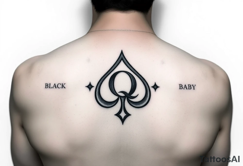 A spade womb tattoo with a Q in the center, with three points around the outside. The first reading, "BLACK". The second reading, "BABY". The third reading, "ONLY". tattoo idea