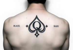 A spade womb tattoo with a Q in the center, with three points around the outside. The first reading, "BLACK". The second reading, "BABY". The third reading, "ONLY". tattoo idea
