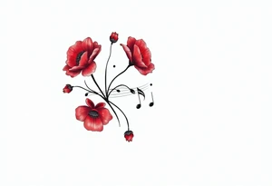 Red flowers with black music notes tattoo idea