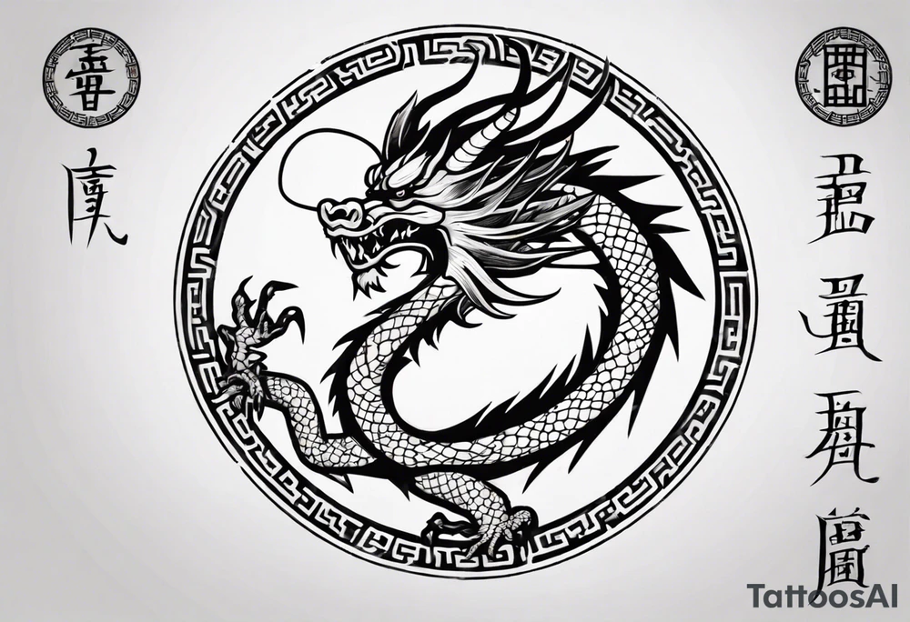 Chinese dragon in a circular shape with "02.03" written on its skin tattoo idea