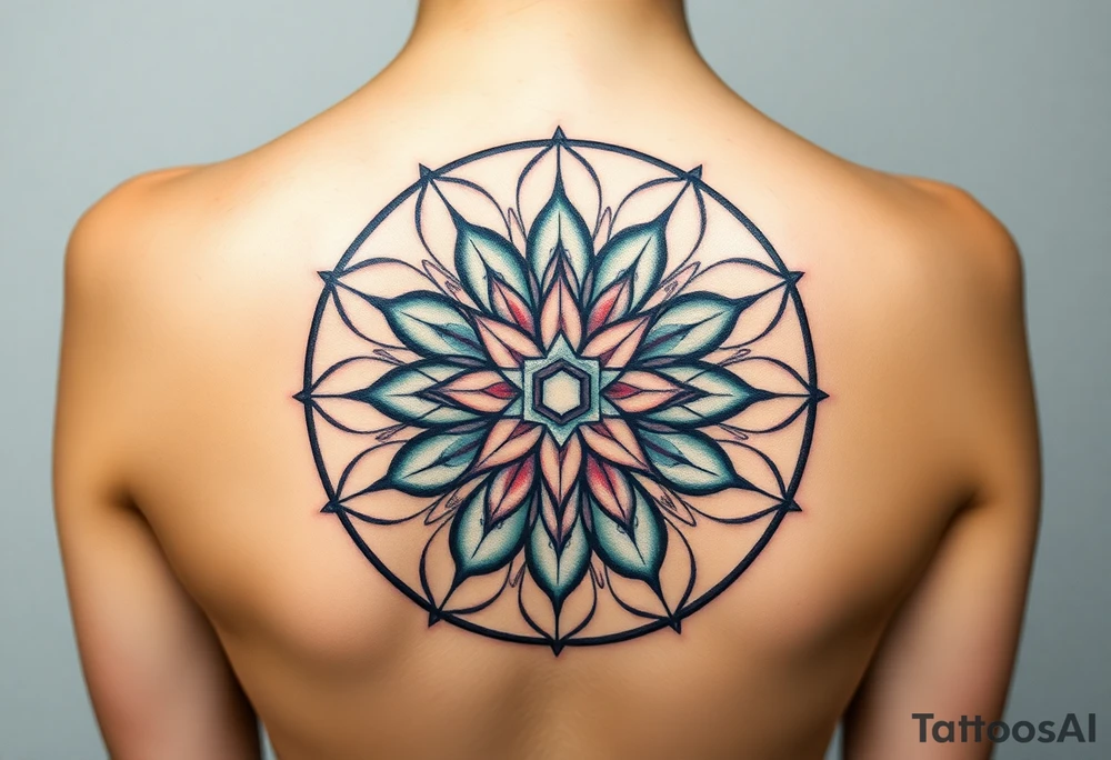 A symmetrical Flower of Life with hexagonal crystal and geometrical details in round cyrcle, enhancing its sacred geometric nature. tattoo idea