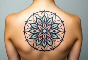 A symmetrical Flower of Life with hexagonal crystal and geometrical details in round cyrcle, enhancing its sacred geometric nature. tattoo idea