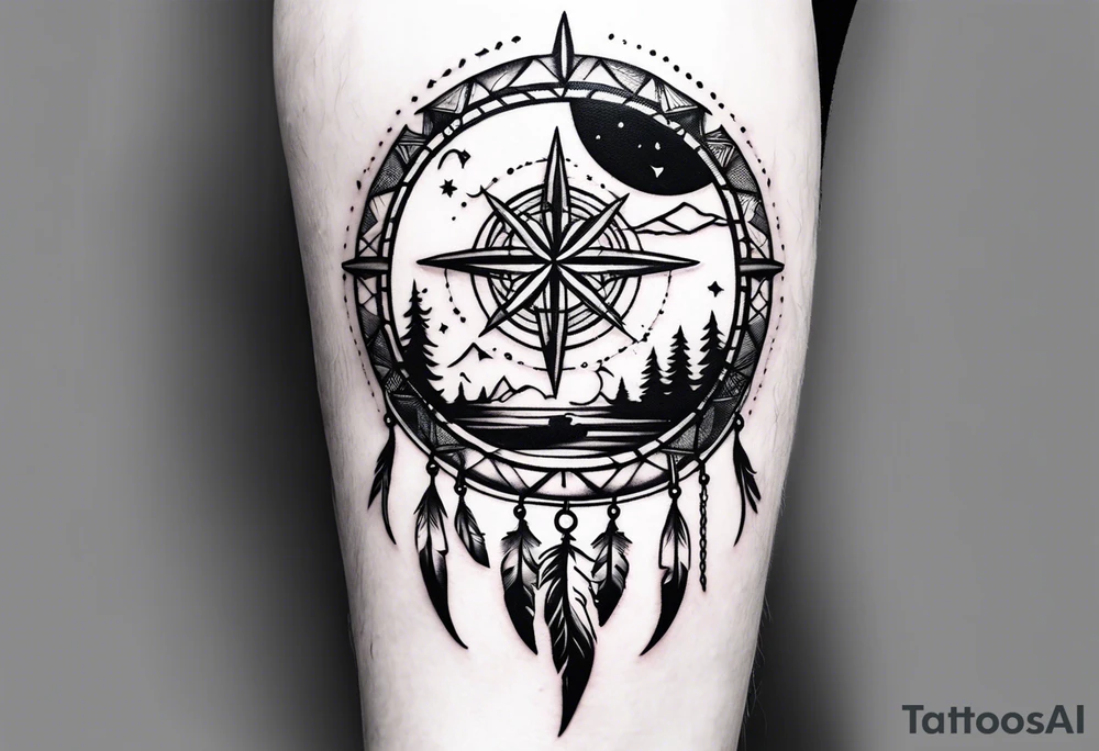 travel tattoo with dreamcatcher mantra luck, sea, plane tattoo idea