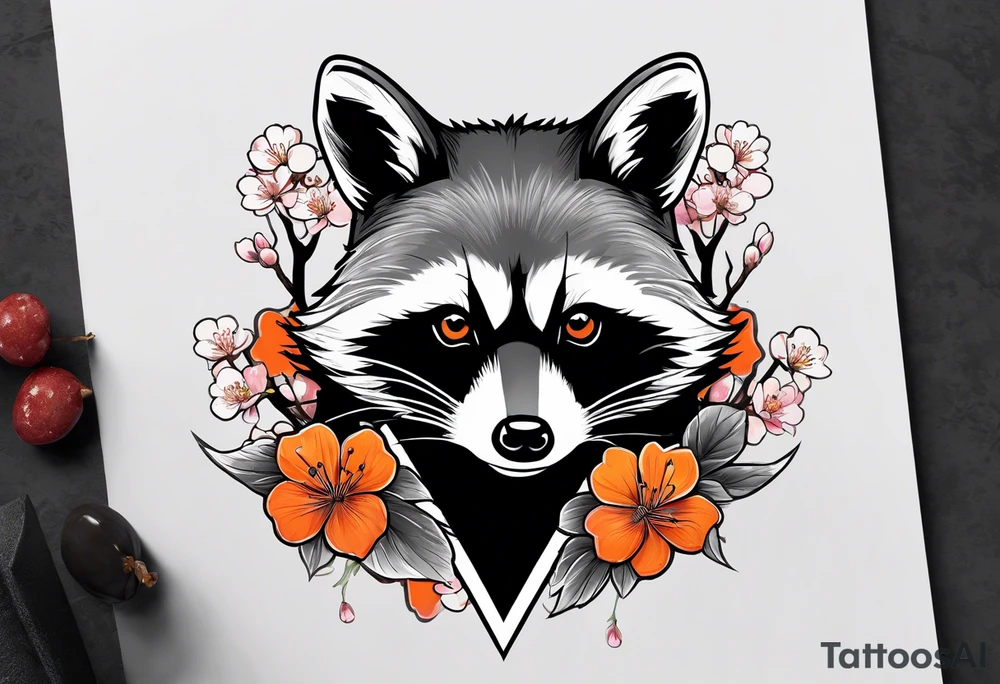 Raccoon wearing a white Superman logo on a black hoodie and orange Japanese cherry blossoms beside tattoo idea