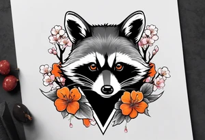 Raccoon wearing a white Superman logo on a black hoodie and orange Japanese cherry blossoms beside tattoo idea