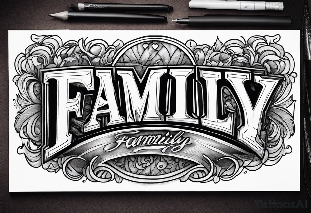 Text "family". Letterman formed by roots tattoo idea