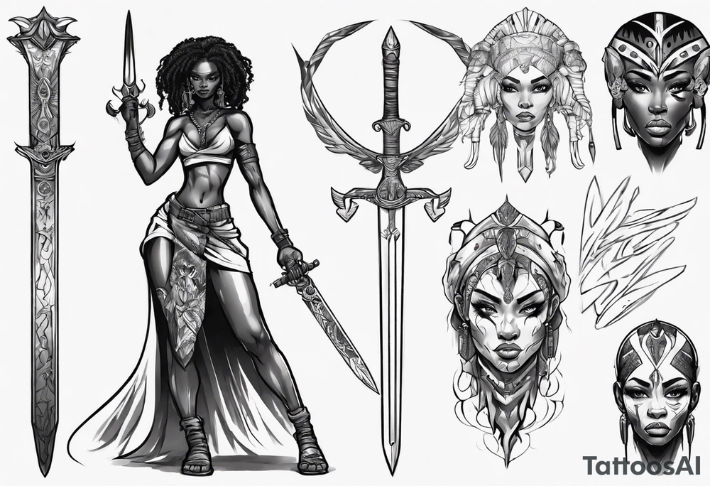 African female full body valkyre slim face holding out sword tattoo idea