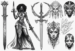 African female full body valkyre slim face holding out sword tattoo idea