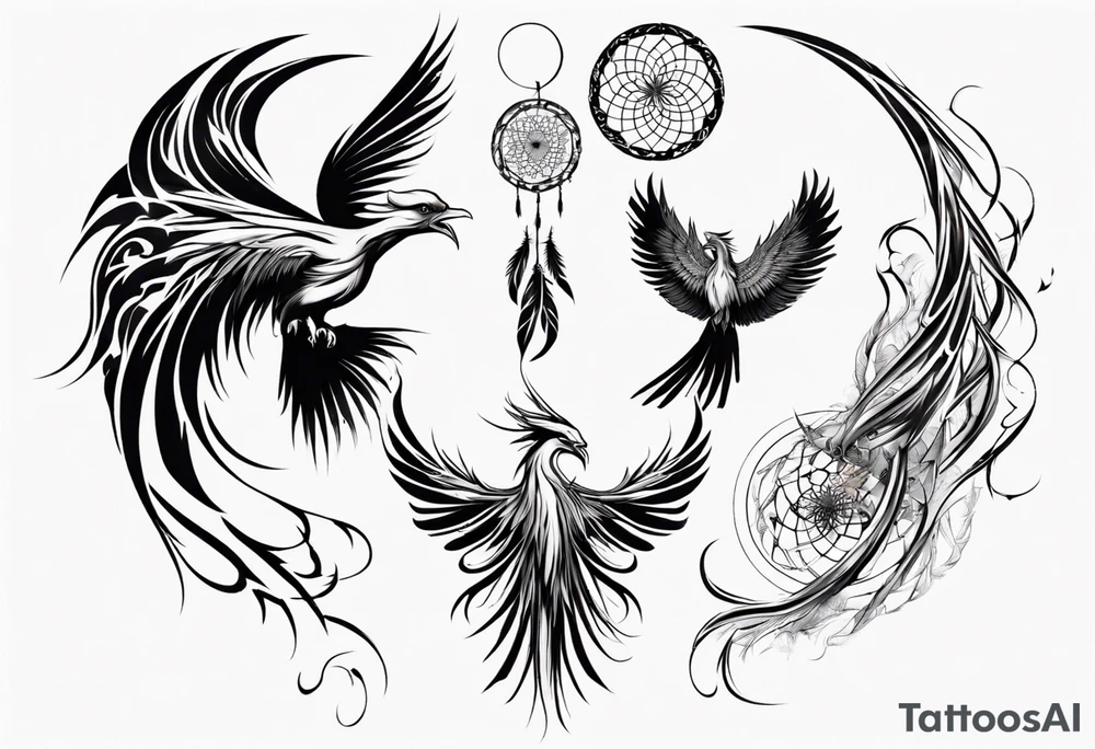Vertical open mouthed flying Phoenix in circle with long abstract dream catcher tail tattoo idea