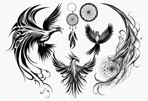 Vertical open mouthed flying Phoenix in circle with long abstract dream catcher tail tattoo idea