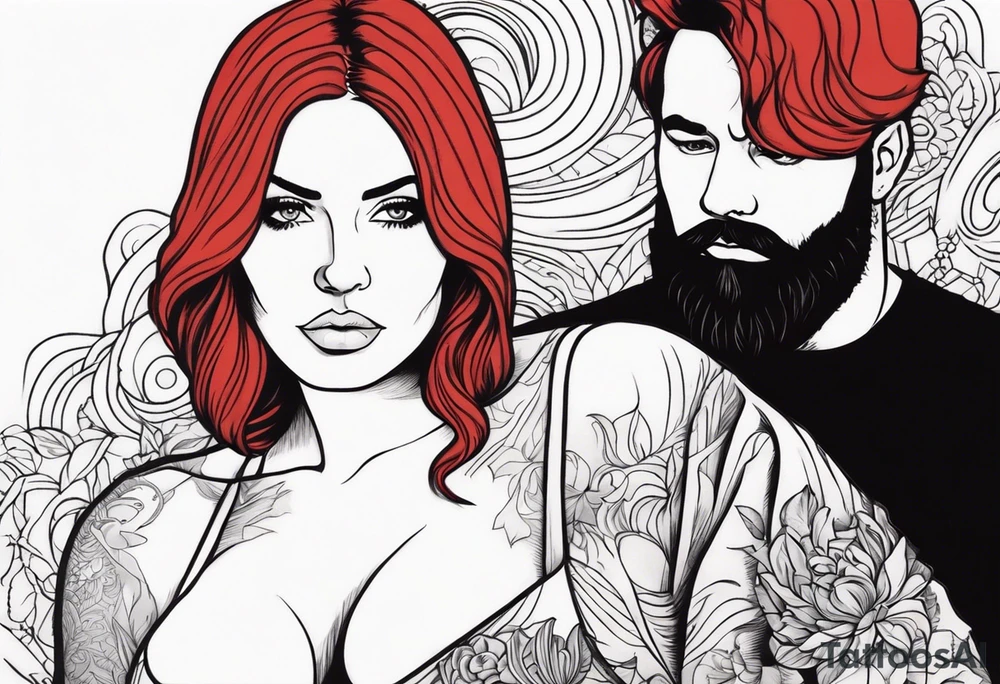 Busty red haired woman with a bearded man who has black hair tattoo idea