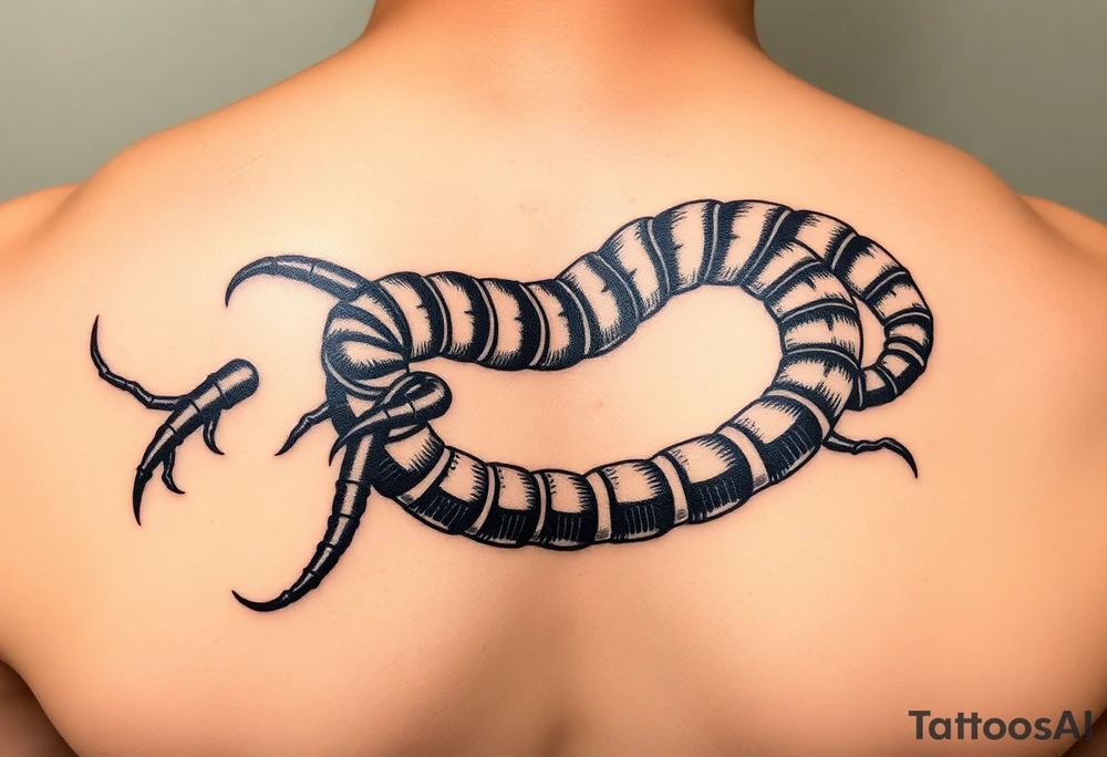 long centipede,heavy black segmented bodies, whip-like legs, and that coiled, almost calligraphic flow tattoo idea