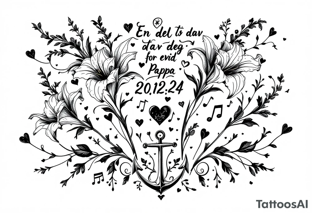 «En del av deg for evig tid
Pappa 20.12.24» Surrounded by long gladiolus, hearts, notes and an anchor tattoo idea