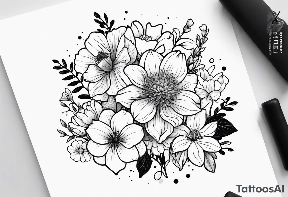 small minimalist black and white tattoo of a cute flower bouquet that MUST include 6 DIFFERENT flowers with ONE OF EACH: a carnation, a daffodil, a lily stock, a rose, a cosmos, and a chrysanthemum. tied together with a small bow tattoo idea