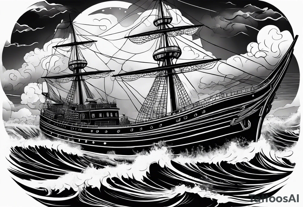 Ship on the sea with storm clouds and lightning tattoo idea