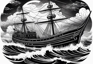 Ship on the sea with storm clouds and lightning tattoo idea
