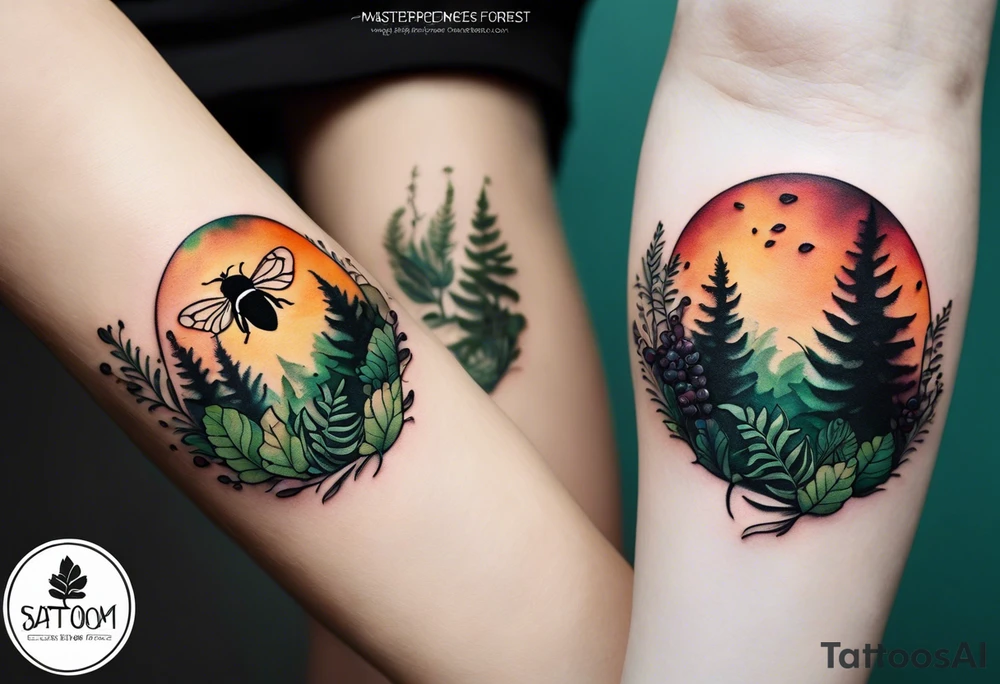 forest floor inspired minimalist tattoo, which includes grass, curly ferns, moss and dead leaves as the bulk of the tattoo. details to include: forest berries, a tiny bumblebee flying nearby, three small brown mushrooms
Generate a vertically long one tattoo idea