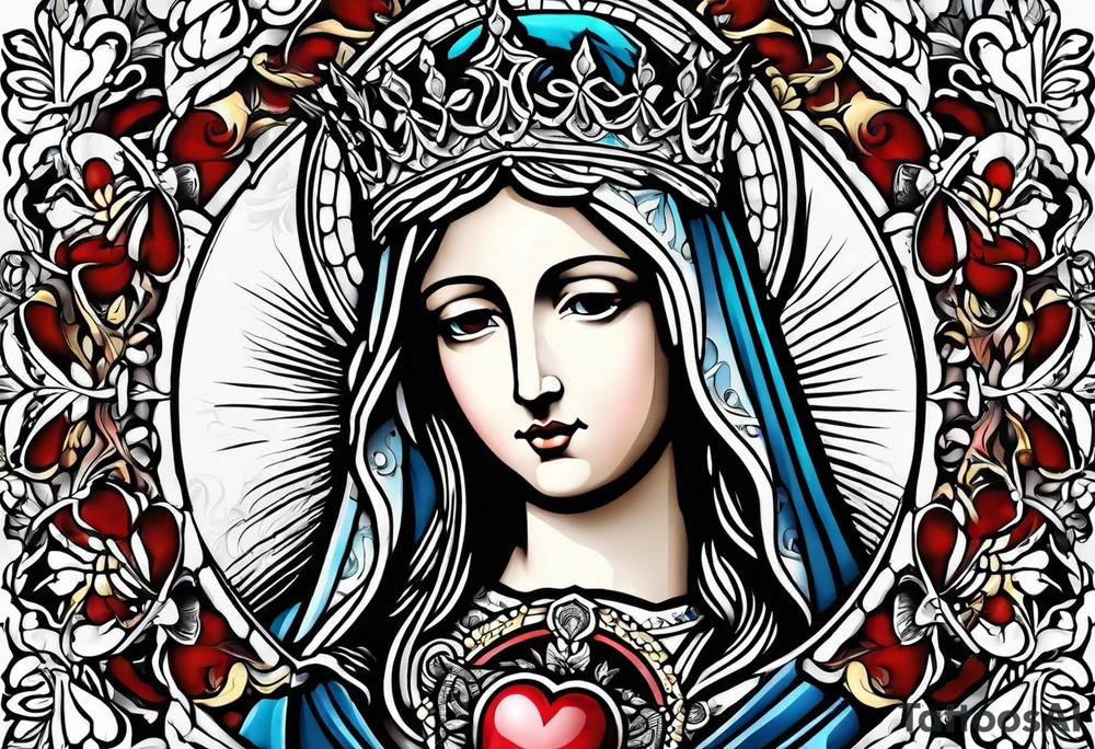 Floral, blessed virgin, abstract, beautiful, sacred heart, religious tattoo idea