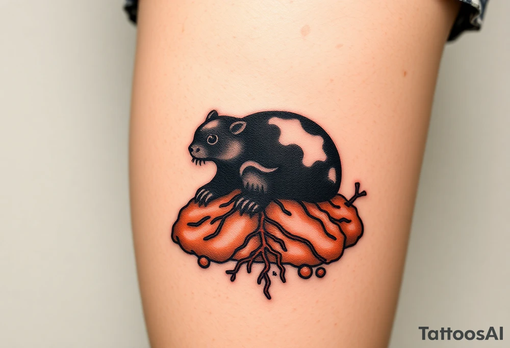 black mole emerging from the earth, with rich brown soil textures and tiny roots tattoo idea