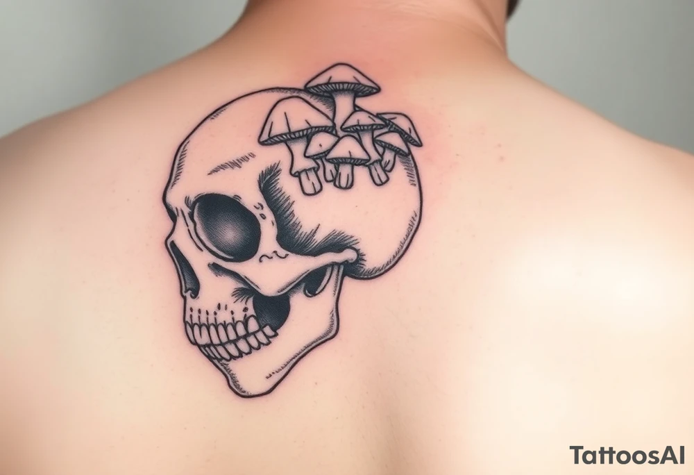 right side of a skull with lots of mushrooms growing out of its eyes tattoo idea