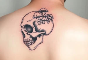 right side of a skull with lots of mushrooms  growing out of its eyes tattoo idea