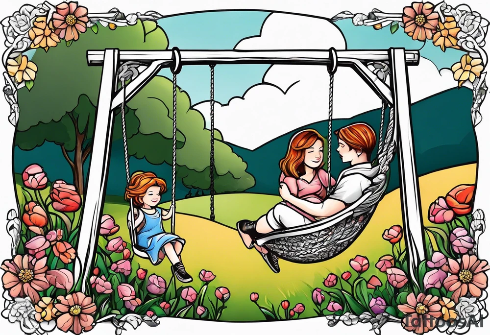 Mom with son and daughter on a swing in the distance in a field of flowers tattoo idea
