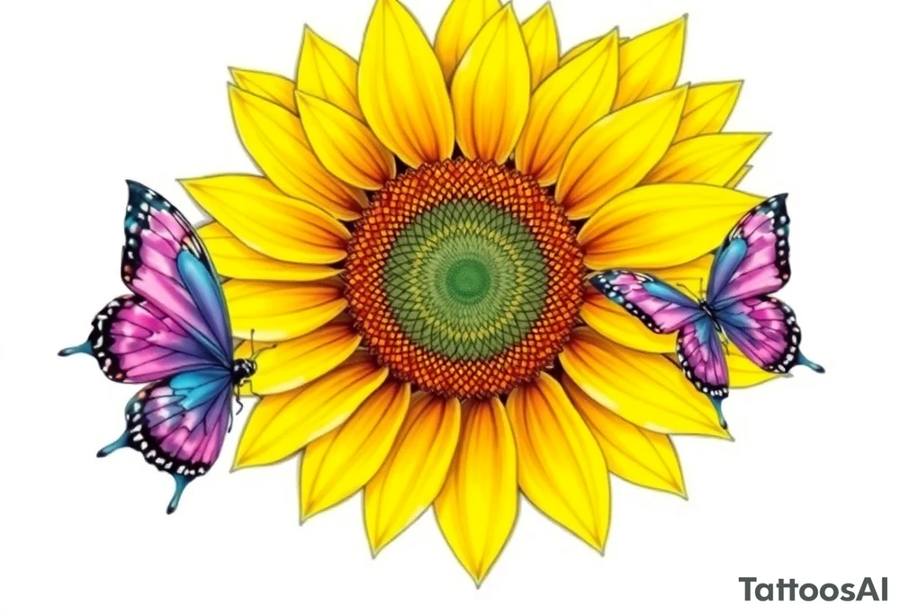 Sunflower with purple butterflies on side tattoo idea