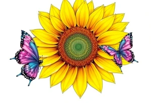 Sunflower with purple butterflies on side tattoo idea