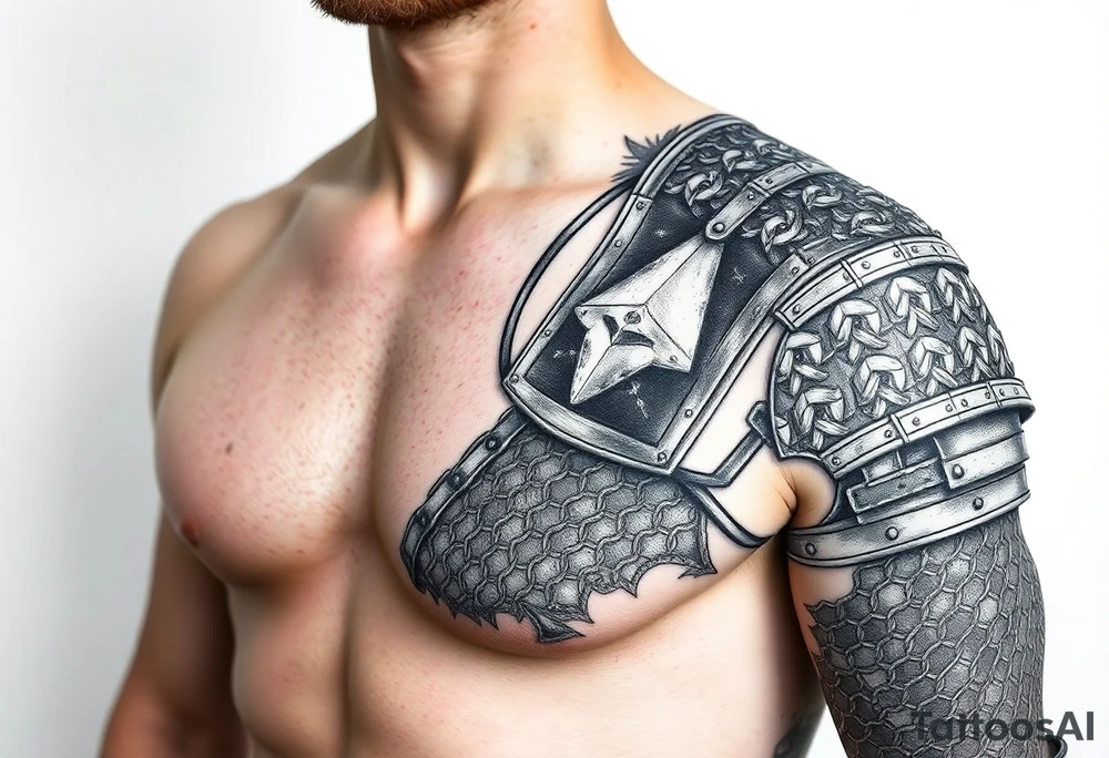 Huge shoulder tattoo of chainmail and plate armor covering entire arm tattoo idea