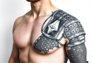 Huge shoulder tattoo of chainmail and plate armor covering entire arm tattoo idea