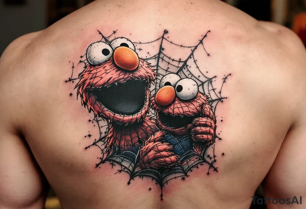 Elmo and spiderman from a web bright colore tattoo idea