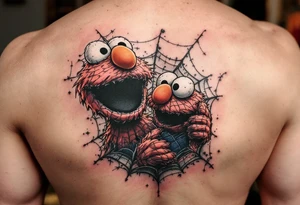 Elmo and spiderman from a web bright colore tattoo idea