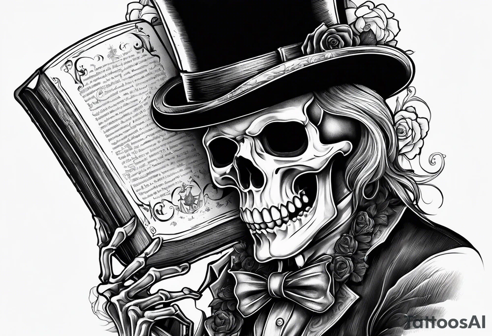 skeleton wearing a top hat holding a holy bible tattoo idea