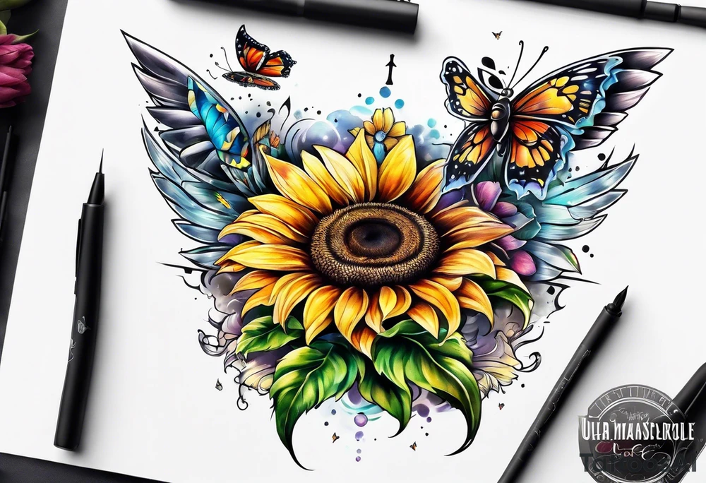 Winged cross with sunflower and butterflies tattoo idea