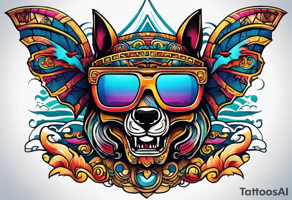 Colorful Mayan hieroglyph wearing sunglasses with ocean waves and bats tattoo idea