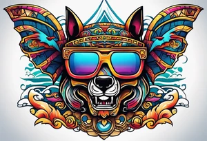 Colorful Mayan hieroglyph wearing sunglasses with ocean waves and bats tattoo idea
