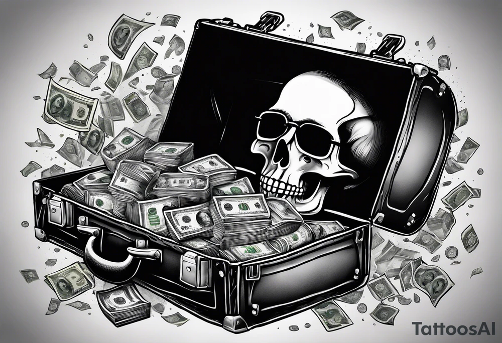 Criminal robbing bank with duffle bag and gun money flying everywhere tattoo idea