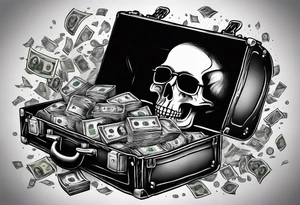 Criminal robbing bank with duffle bag and gun money flying everywhere tattoo idea