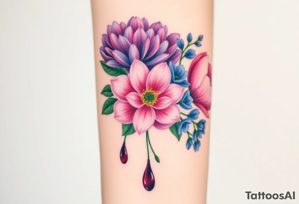 Purple Chrysanthemum, pink Peony, and dark blue Larkspur bouquet  with blood tattoo idea