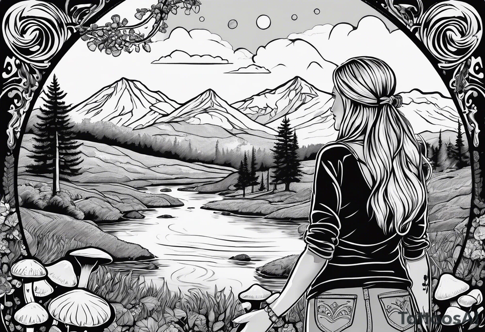 Whole picture encircled fully

Straight long blonde hair hippie girl in distance holding mushrooms in hand facing away toward mountains and creek surrounded by mushrooms long sleeve shirt and hiking pants; whole rendering within a full circle, no cut off circle tattoo idea
