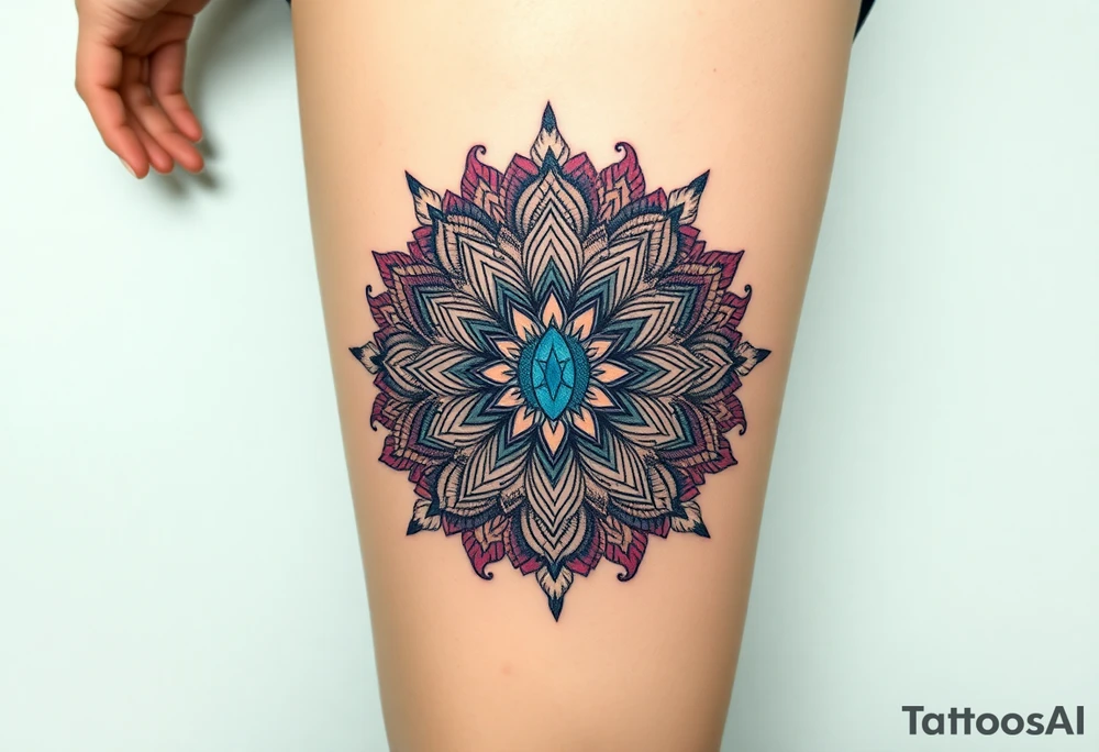 psychedelic mandala tattoo with crystals and  flowers and mushrooms tattoo idea