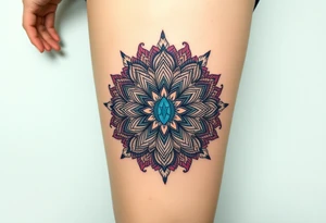 psychedelic mandala tattoo with crystals and  flowers and mushrooms tattoo idea
