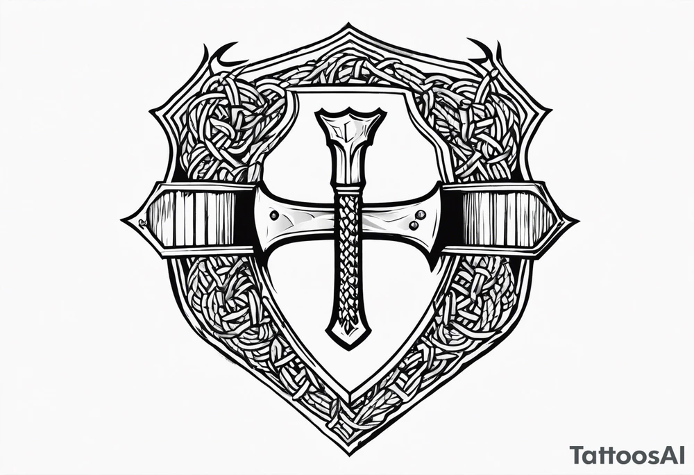 Valhalla round shield axe barbed wire chains tattoo idea
