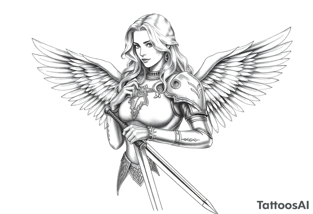 femme blonde cheveux long ondulé, en armure de chevalier tenant épée à la mais et de grandes ailes d'anges déployées tattoo idea