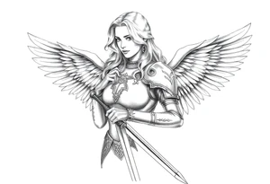 femme blonde cheveux long ondulé, en armure de chevalier tenant épée à la mais et de grandes ailes d'anges déployées tattoo idea