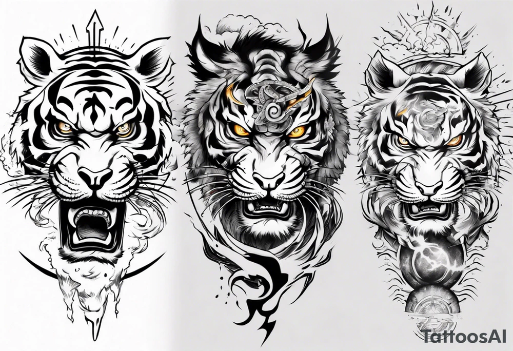tiger warrior with lightning and the sun for a forearm sleeve tattoo idea