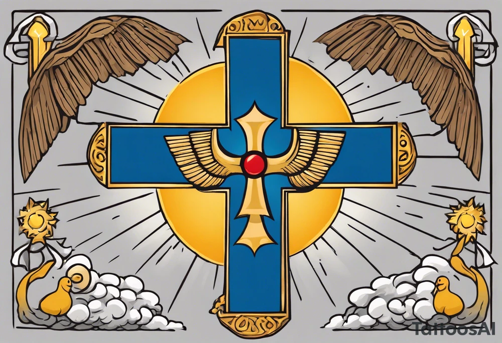A medieval cross with an assyrian flag in the middle. A crown om top of the cross. The assyrian king Sennacherib. A sun and a moon. A cloud with rain and thunder. charizard. an imperfect cirkle. a candle. a swan. lemons. the god asshur with wings. an ankh. angel wings with a halo. surrounded by olive branches and feathers. all black and white. no shadowing. tattoo idea