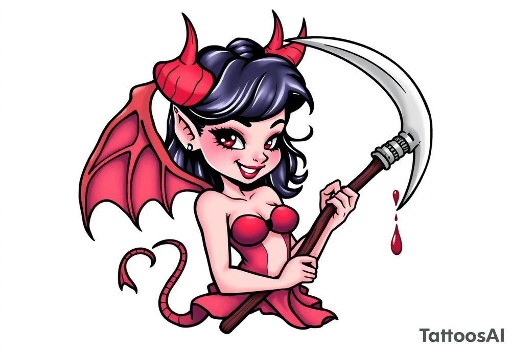 Pinup demon girl smiling while holding a bloody scythe tattoo idea